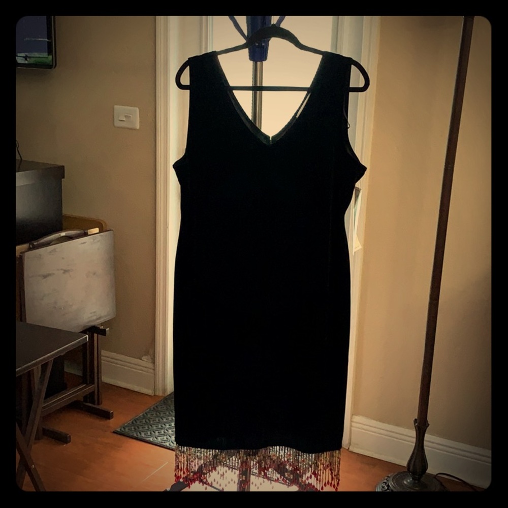 Black Velvet dress with beaded fringe.